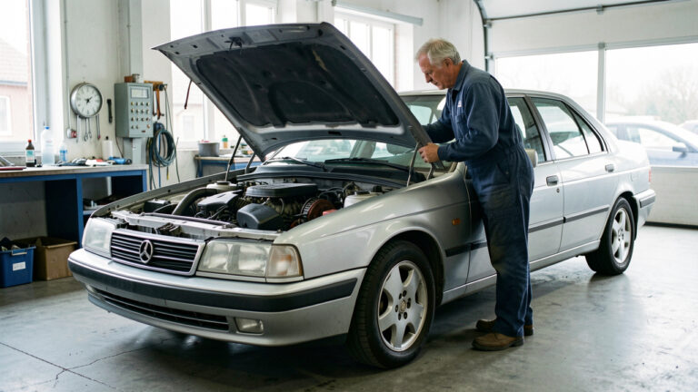 Un mécanicien inspecte une berline française ancienne dans un garage, avec le capot ouvert et les principaux éléments d’entretien visibles.