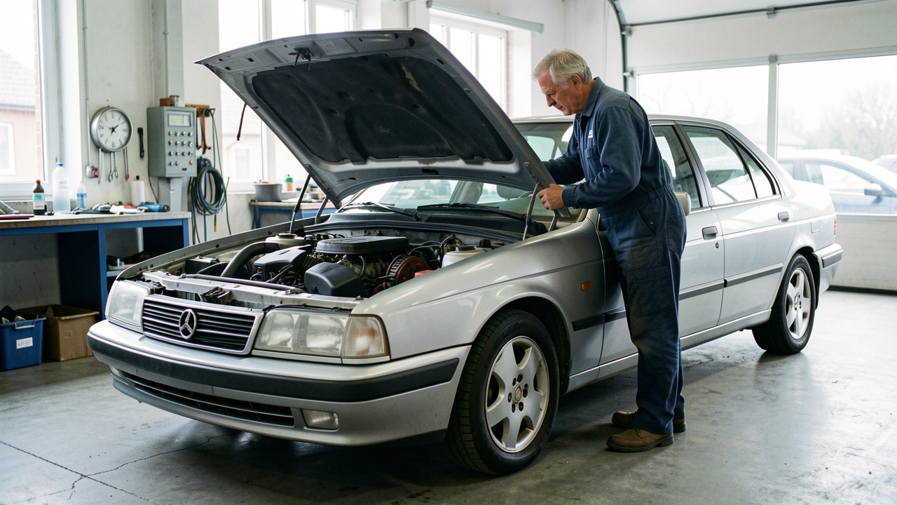 Un mécanicien inspecte une berline française ancienne dans un garage, avec le capot ouvert et les principaux éléments d’entretien visibles.