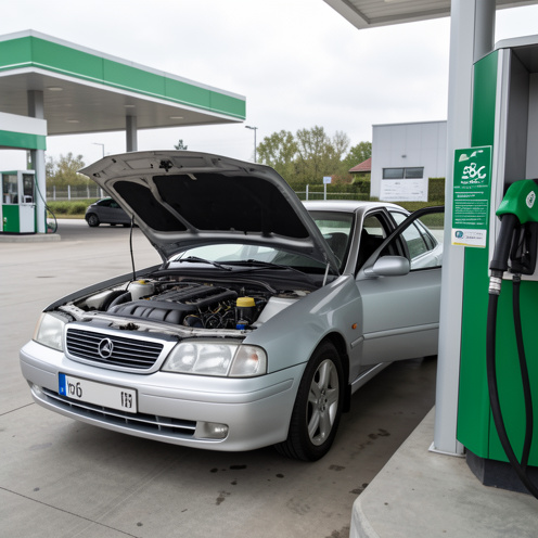 Berline française V6 argentée du début des années 2000 stationnée dans une station-service, trappe à carburant ouverte près d’un pistolet compatible avec l’E85 et capot relevé pour une inspection prudente.