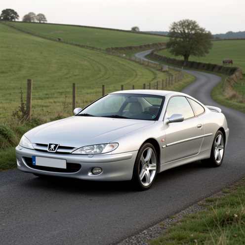 Coupé sportif européen argenté du début des années 2000, inspiré de la Peugeot 406 Coupé 2L16, stationné sur une route de campagne bordée de verdure.