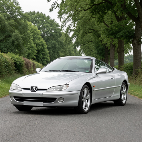 Coupé français argenté de type Peugeot 406 Coupé garé sur une route bordée d’arbres, photographié de trois quarts avant.