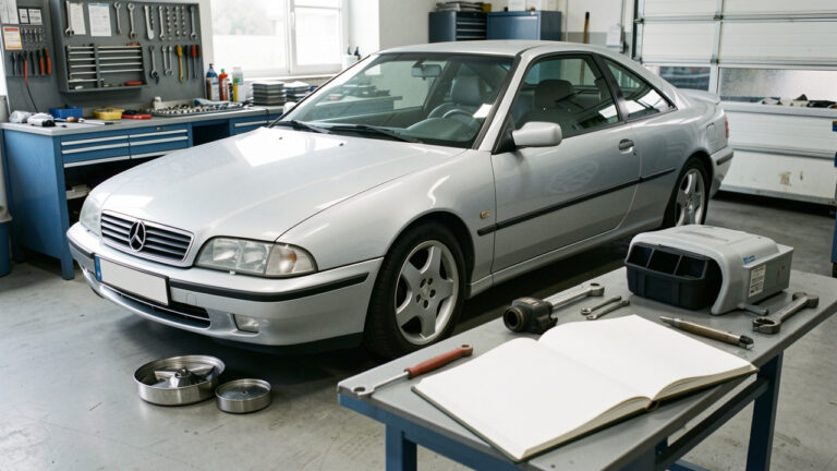 Coupé français V6 argenté présenté dans un atelier automobile propre avec des pièces de rechange et des outils d’entretien, évoquant la fiabilité et la sécurité.