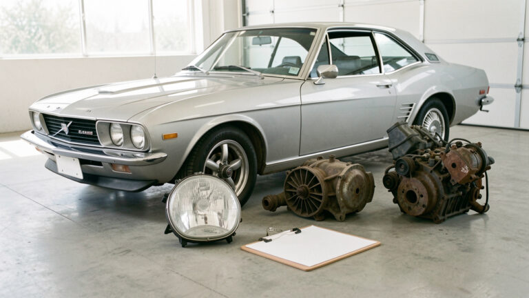 Coupé gris classique entouré de pièces automobiles neuves, d’occasion et reconditionnées, avec un support vierge évoquant le choix et la protection de l’assurance.