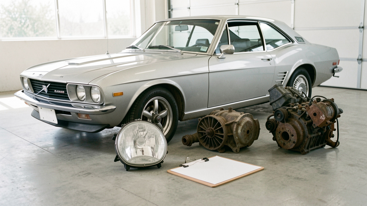 Coupé gris classique entouré de pièces automobiles neuves, d’occasion et reconditionnées, avec un support vierge évoquant le choix et la protection de l’assurance.