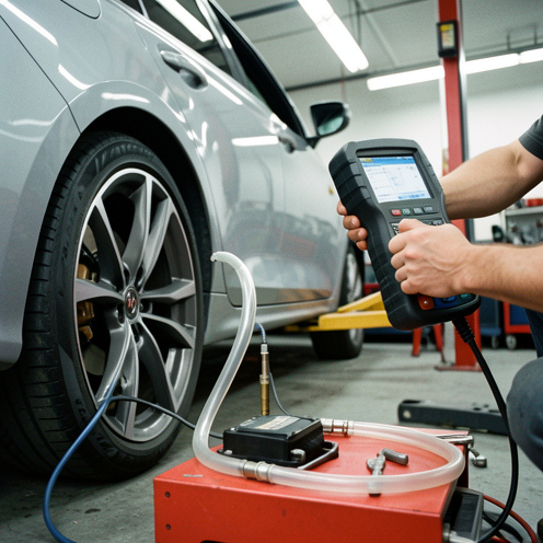 Bloc ABS automobile en cours de purge avec une valise de diagnostic et un flexible de liquide de frein dans un atelier mécanique.