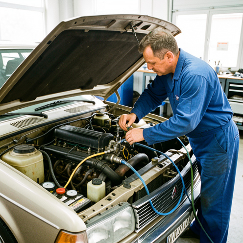 Technicien automobile mesurant le circuit de climatisation d'une Peugeot 406 dans un atelier.