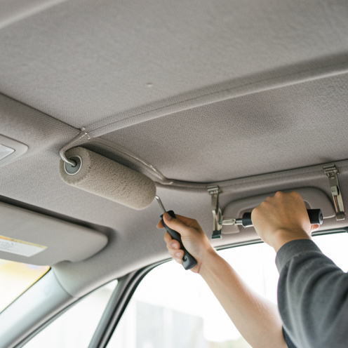 Intérieur de voiture montrant un ciel de toit en tissu soigneusement recollé avec des outils de réparation automobile.