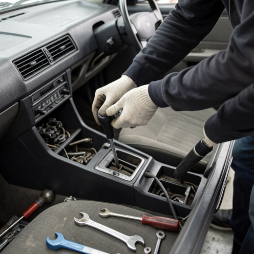Mains gantées ajustant le mécanisme du frein à main d’une Peugeot 406 dans un atelier automobile.