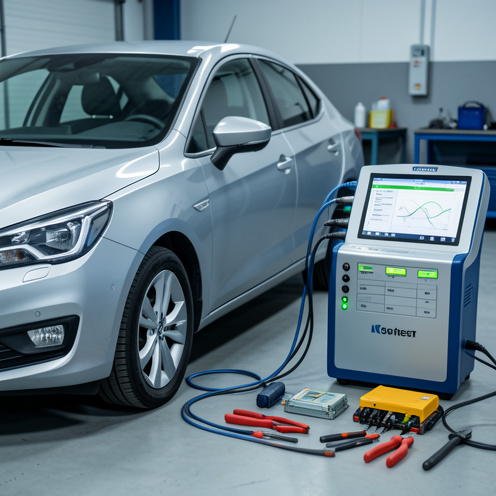 Module électronique automobile relié à un appareil de diagnostic dans un atelier propre et sécurisé, avec des outils isolés et un indicateur vert.