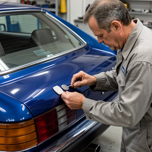 Un homme remplace soigneusement des insignes vierges sur la carrosserie arrière d’un élégant coupé français des années 1990 dans un atelier automobile.