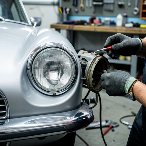 Gros plan sur la rénovation et le remplacement du phare avant d’un coupé français classique dans un atelier automobile.