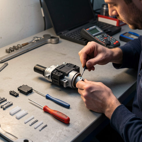 Module de commande de colonne de direction automobile démonté sur un établi, entouré d’outils de précision et d’un multimètre pour le diagnostic.
