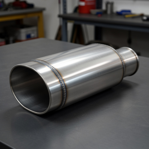 Silencieux d’échappement en acier inoxydable pour une Peugeot 406 Coupé V6, présenté sur une table d’atelier.