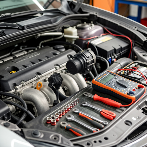 Vue rapprochée d’un compartiment moteur avec une bobine d’allumage testée au multimètre et une bobine de remplacement accompagnée d’outils.