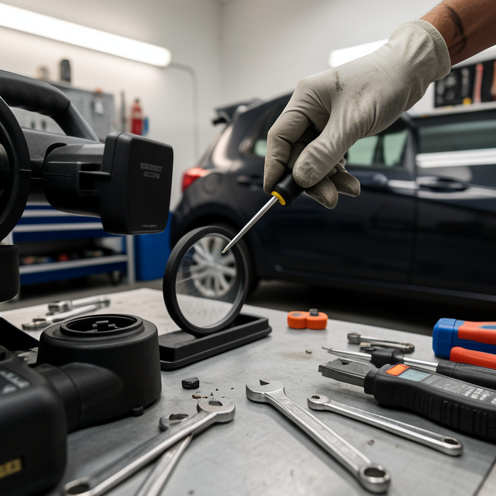 Gros plan sur une antenne transpondeur automobile en cours de test et de remplacement sur un établi d’atelier.