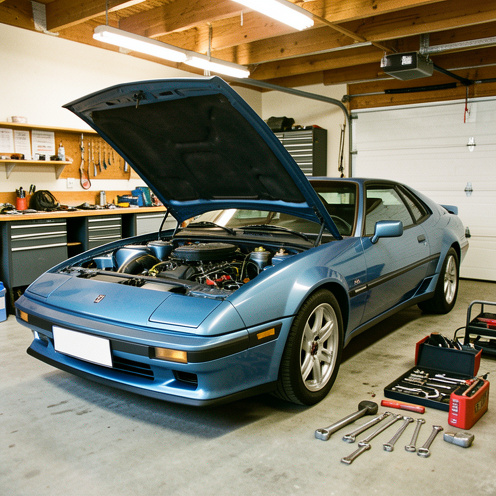 Coupé européen classique des années 1990, capot ouvert et outils de mécanique disposés près du moteur dans un garage éclairé.