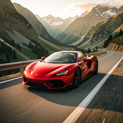 Voiture de sport rouge roulant rapidement sur une route sinueuse en montagne, baignée par la lumière dorée.